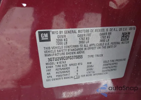 2015 GMC Sierra 1500 Slt from USA, damaged, VIN 3GTU2VEC0FG375855
